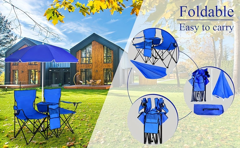 2-Person Folding Beach Chair Set with 59" Umbrella, Cooler Bag & Side Table – 600 lb Capacity Portable Loveseat for Beach, Camping, Picnic & Tailgate, Compact Collapsible Outdoor Chair