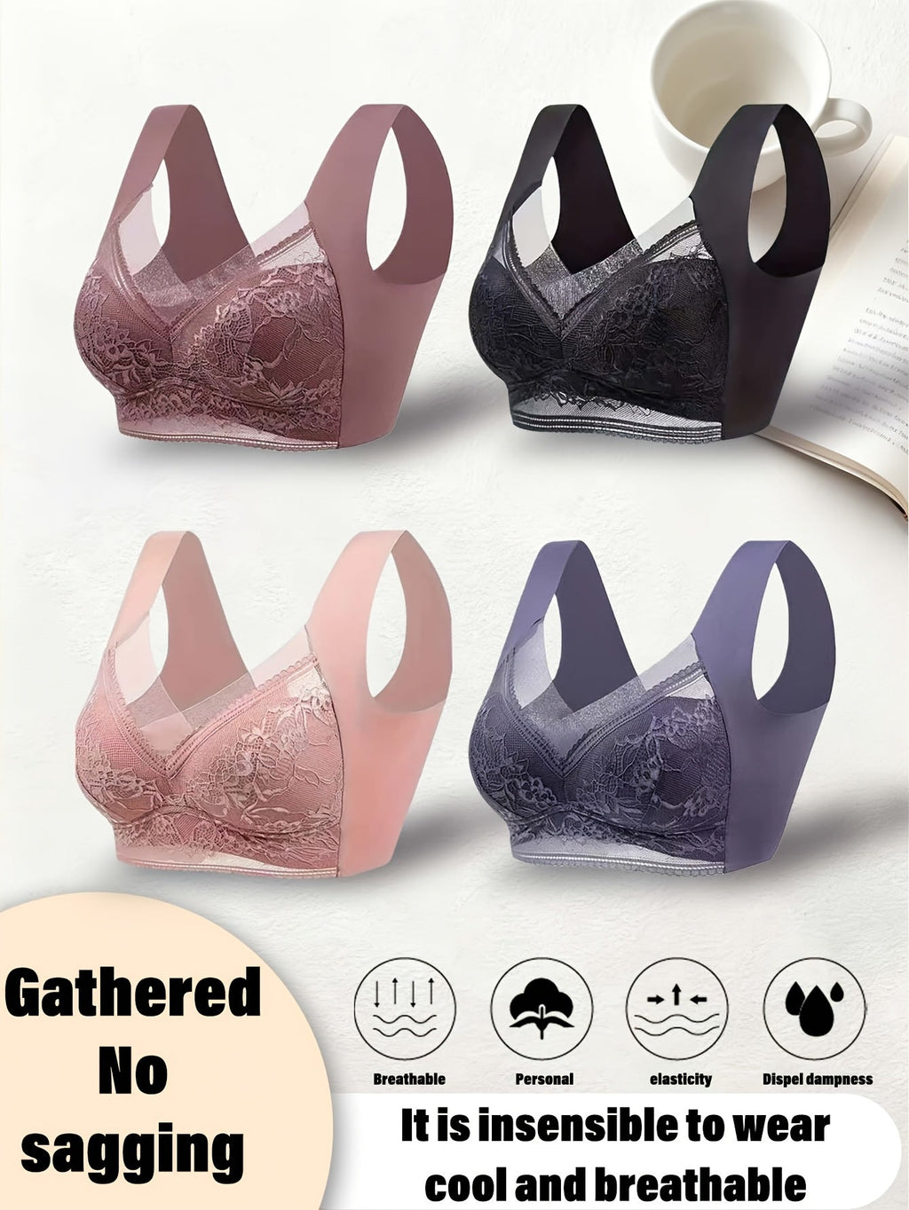 4 Pack Lace Ice Silk Bra Vest for Women – Wire-Free Gathered Support Traceless Seamless Camisole Bra with Beautiful Back Design, Breathable Thin Underwear S-XXL, 2 Multicolor Sets