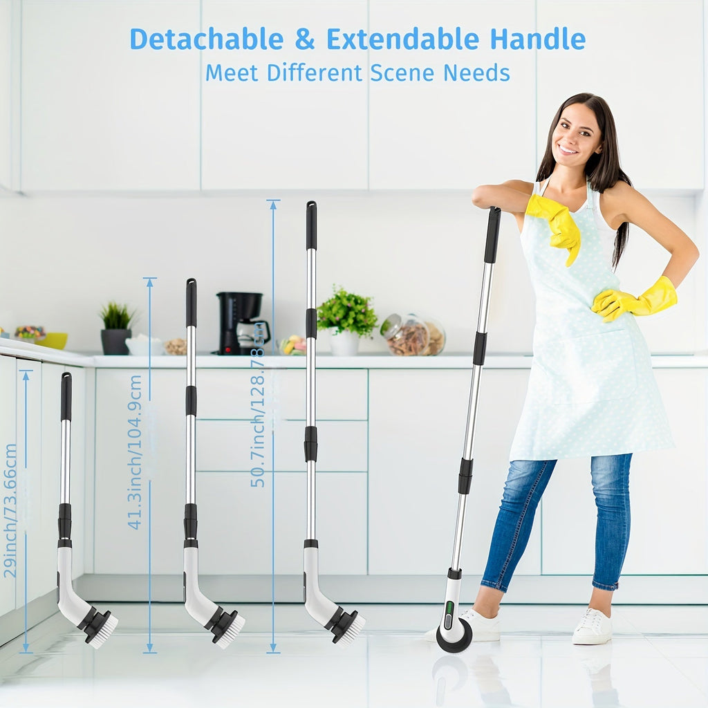 Electric Spin Scrubber Cordless with 7 Replaceable Brush Heads – Dual Adjustable Speeds Adjustable Detachable Handle for Bathroom Tub Tile Grout Floor Shower Kitchen Cleaning, White & Black