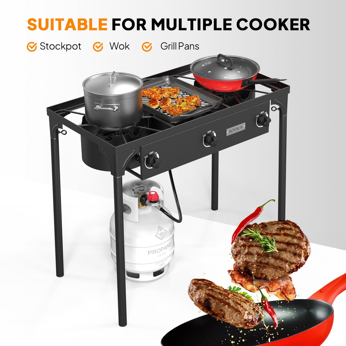 High Pressure Propane Burner Stove 100,000-225,000 BTU - Heavy Duty Cast Iron Outdoor Camp Cooker with Detachable Legs, CSA Listed Regulator, 1 or 3 Burner for Camping, Tailgating & Brewing