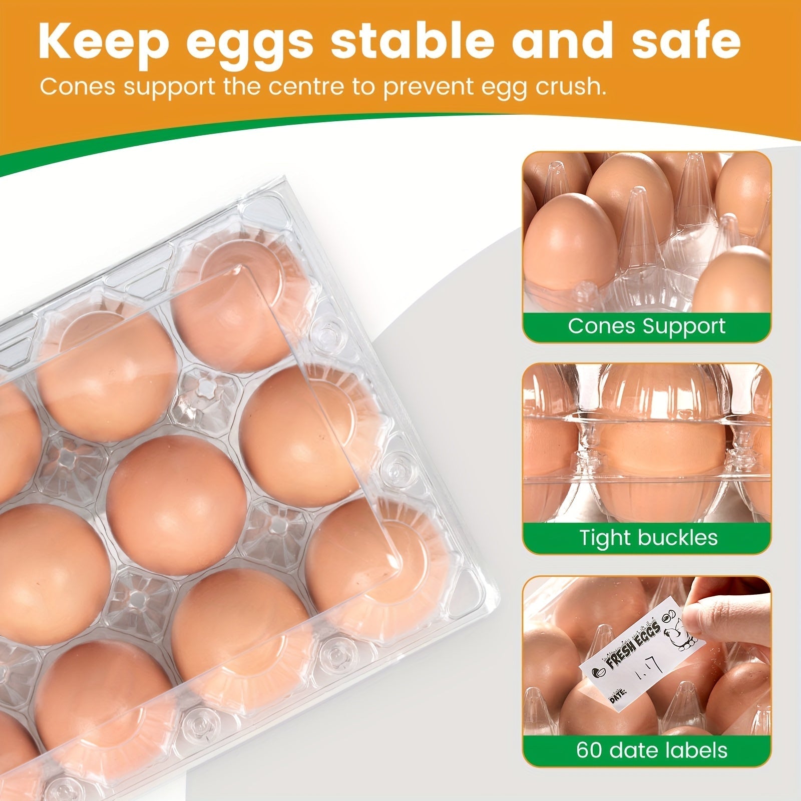 60-Pack Clear Plastic Egg Cartons 12-Cavity with Label Stickers – Bulk PET Egg Boxes for Home Kitchen, Ranch, Chicken Farm, Farmers Market & Refrigerator Storage, Holds Standard Dozen Eggs