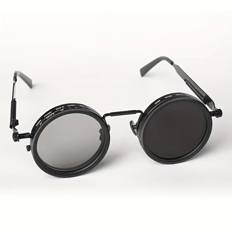 Industrial Punk Rotating Glasses – Black Round Frame TAC Lenses Adjustable Spring Temples Vintage Steampunk Eyewear Casual Formal Edgy Fashion Cosplay Festival
