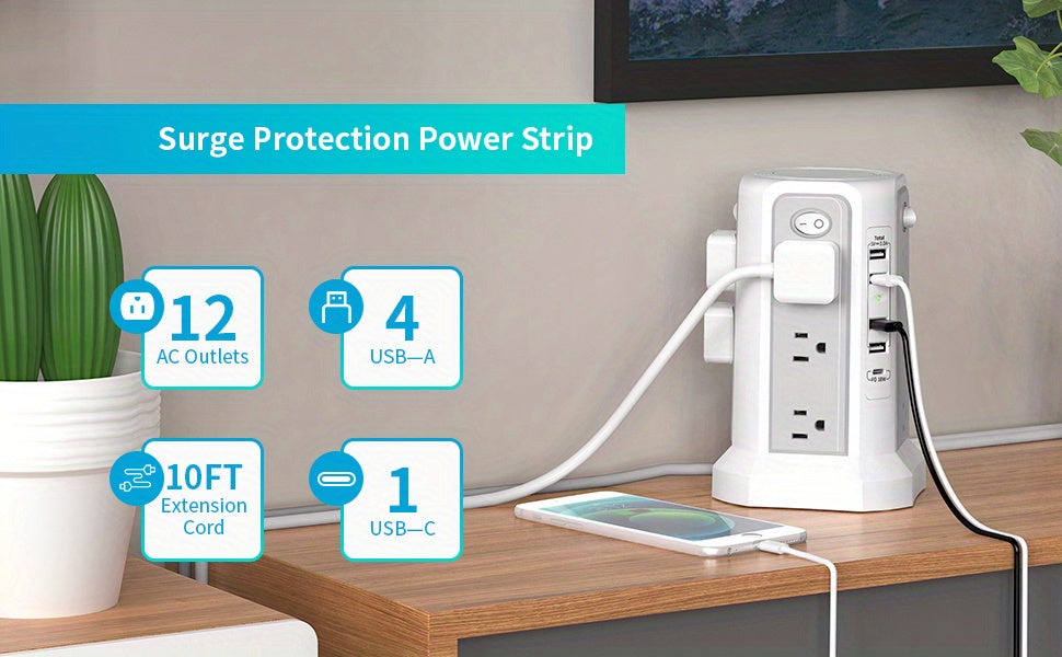 Tower Surge Protector Power Strip 12 Outlets 5 USB Ports PD 18W USB-C Fast Charging 10FT Extension Cord 1800J Surge Protection 4 Independent Switches Home Office Desk Dorm Room Vertical Design