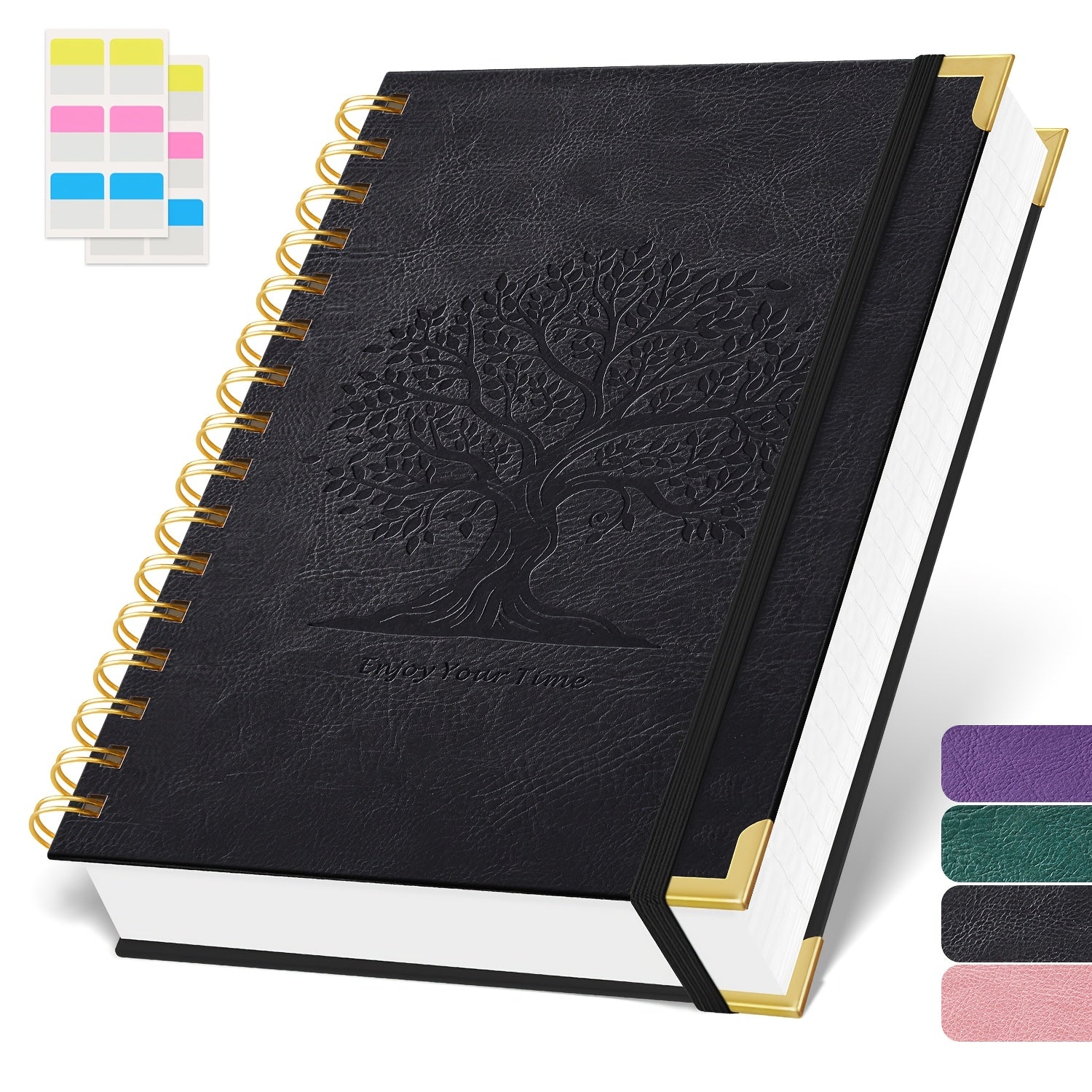 A5 Spiral Notebook Hardcover 300 Pages – Thick 100GSM No Bleed-Through Paper, Leather Cover Journal for College, Work & Writing – For Men & Women (Pink, Black, Green, Purple)