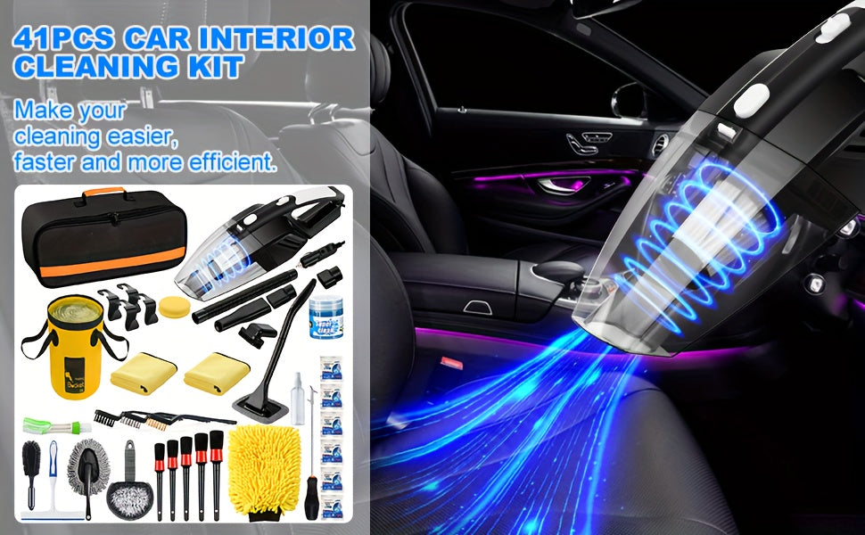 Car Wash Detailing Kit 19 or 41 Piece with Handheld Vacuum Collapsible Bucket Windshield Tool Tire Brush Snow Shovel Cleaning Gel Complete Car Care Set Yellow Pink