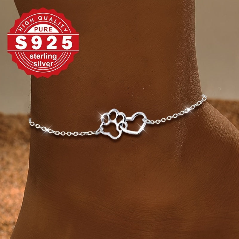 S925 Sterling Silver Heart Paw Anklet for Women – Dainty Boho Beach Ankle Bracelet with Paw Charm, Vintage Elegant Style, Adjustable Fit, Perfect Gift for Valentine's Day, Anniversary & Birthday