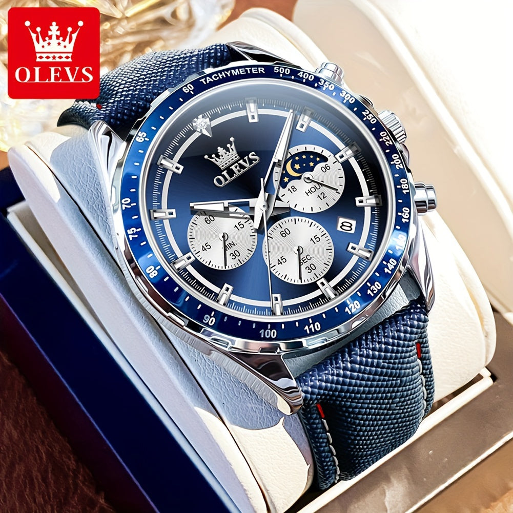 OLEVS Men's Luxury Moon Phase Quartz Watch Big Face Chronograph Leather Strap – Waterproof Luminous Calendar Dress Wristwatch 4 Colors, Birthday Father's Day Gift for Him Blue Black White Green