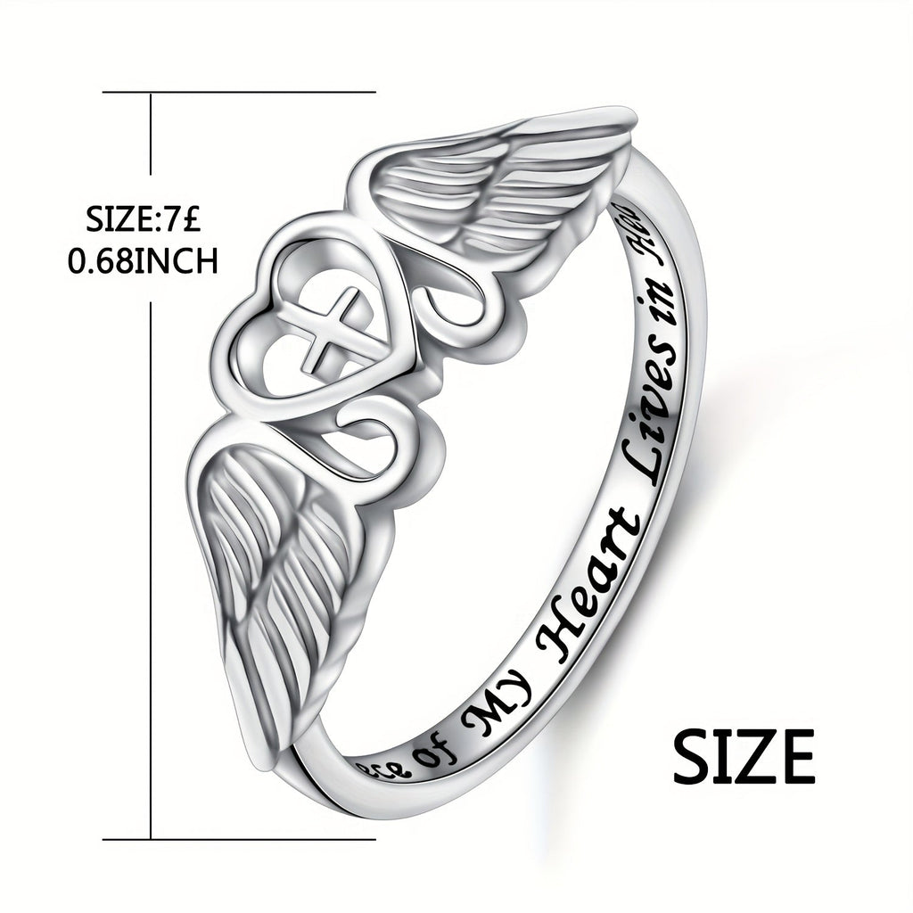 S925 Sterling Silver Angel Wing Memorial Ring – A Piece of My Heart Lives in Heaven, Rhodium Plated, Sympathy Gift for Loss of Mom Dad Grandma Grandpa Daughter Son, Sizes 5-10