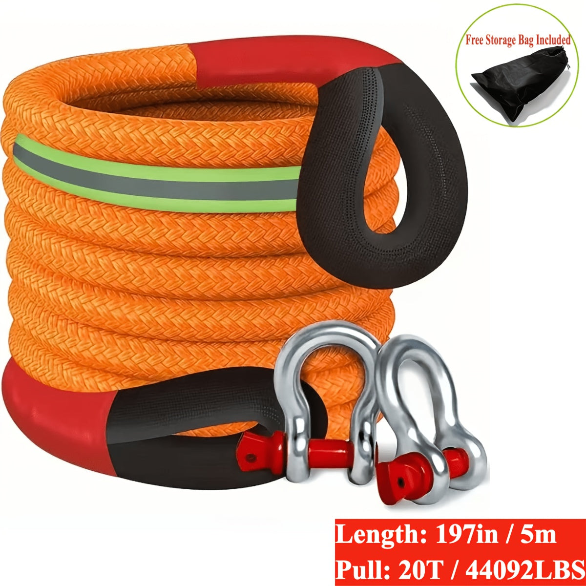 Heavy Duty Tow Rope and Hook Combo Set 196.85 Inch Nylon Recovery Rope 5 18 20 Ton with 2 Steel U-Hooks and Storage Bag Off-Road Vehicle Recovery for Truck SUV UTV ATV Jeep 3 Size Options