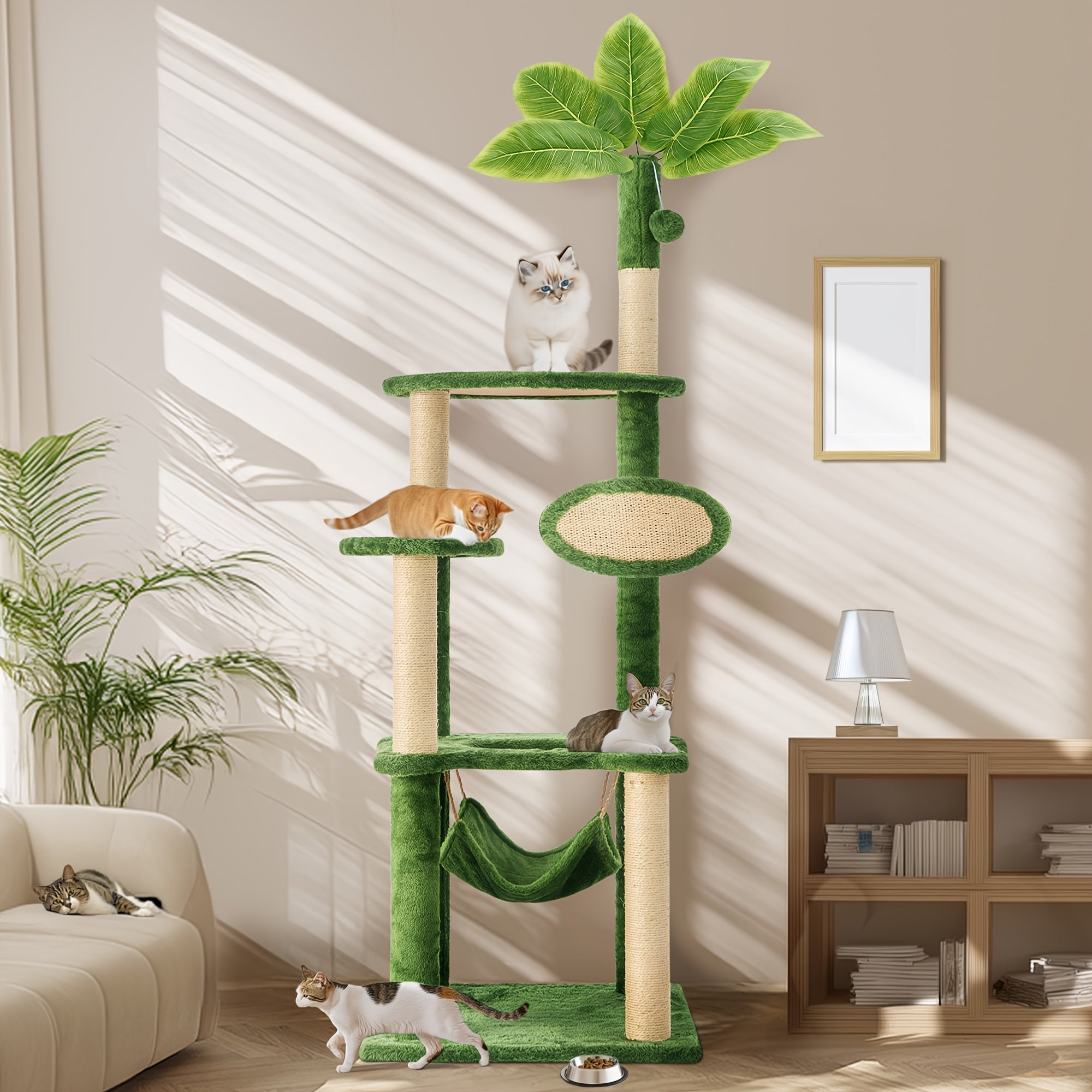 55 Inch Cat Tree for Indoor Cats with Green Leaves – Multi-Level Large Cat Tower with Hammock Sisal Scratching Posts Hanging Ball Toy Cat Furniture for Living Room Bedroom