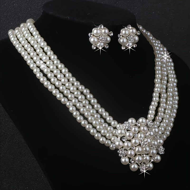 Luxury Bridal Necklace & Earring Set for Women – Silver Plated Beaded Zinc Alloy Wedding Jewelry Set Elegant Dress Accessories Evening Party Stage Performance Bridesmaid Gift