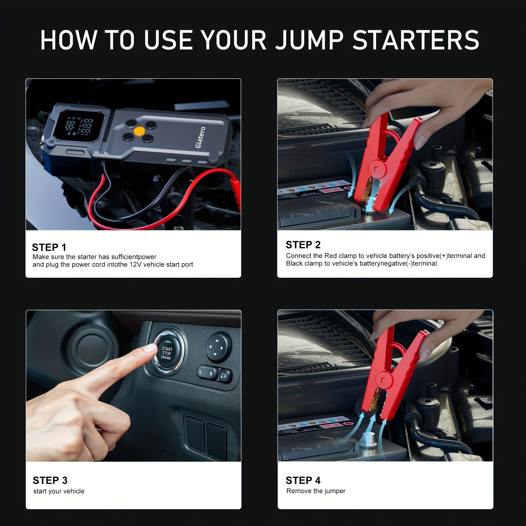 10000A Jump Starter with Air Compressor 160 PSI, Portable Car Battery Booster Pack for Gas & Diesel Engines, USB-C QC 3.0 Fast Charge, LED Flashlight, Digital Display – Giatero Q27