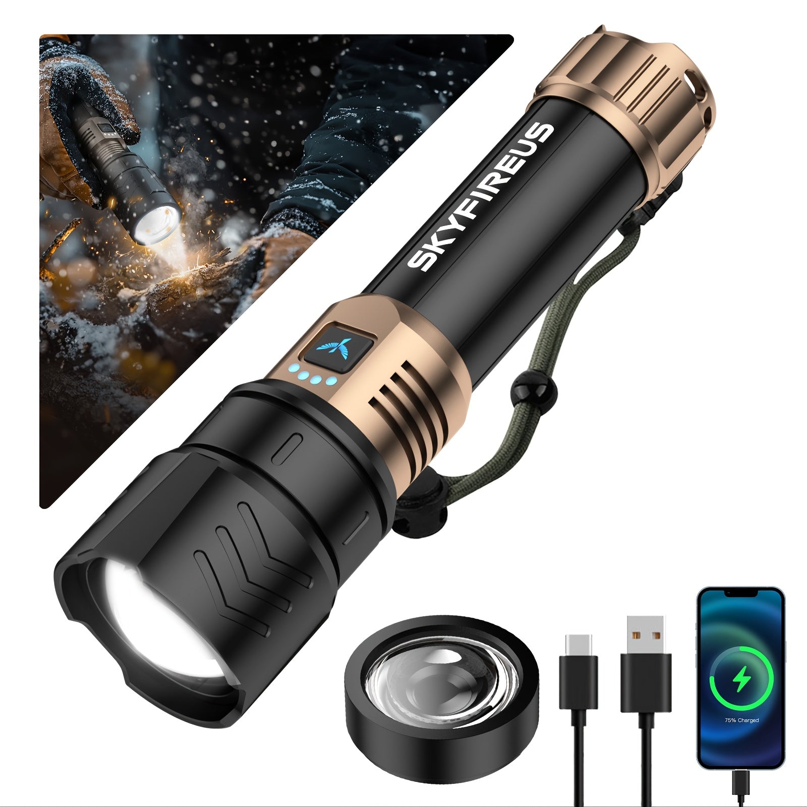 SKYFIRE LED Super Bright Rechargeable Flashlight with Zoom, 4 Modes & Cycling Light – High Lumen Tactical Flashlight for Camping, Outdoor Adventures & Household Emergency Use