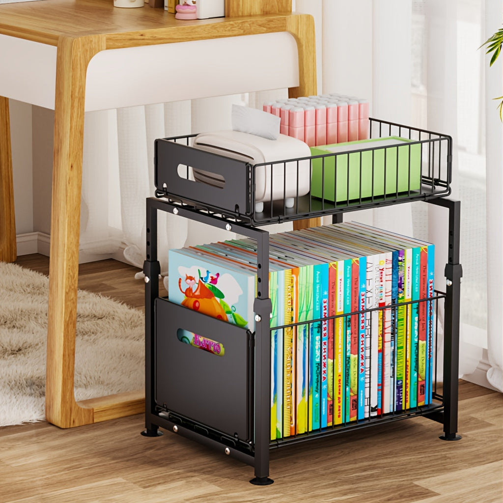 Under Sink Organizer 2-Tier Pull-Out Cabinet Shelf with Adjustable Height, Sturdy Carbon Steel Kitchen Storage Rack, Space-Saving Bathroom & Pantry Cabinet Organizer for Kitchen Organization
