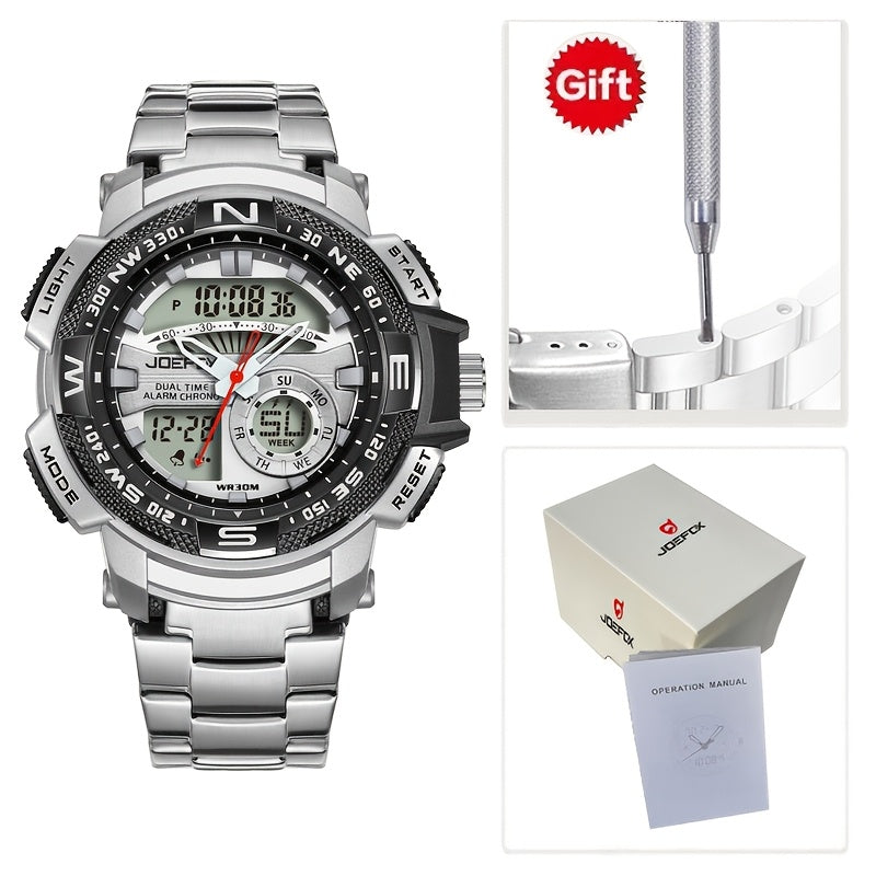 Dual Display Sport Watch for Men Large Face – LED Night Light 3ATM Waterproof Chronograph Alarm Calendar Field Military Style Wristwatch Gold Silver, Perfect Gift for Him