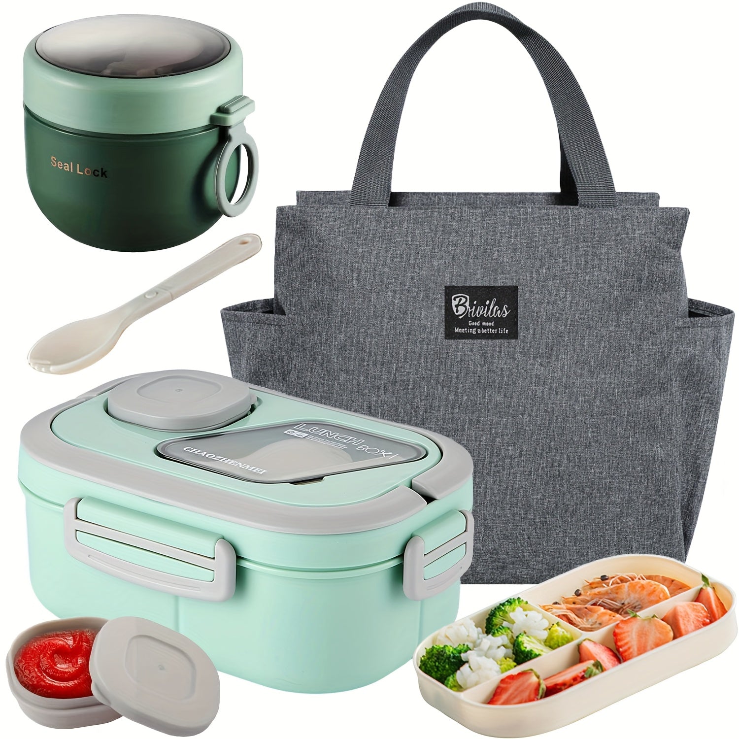 2-Layer Bento Lunch Box Set with Cup & Insulated Lunch Bag – Multi-Grid Leakproof Food Container for School, Office & Picnic, Choose Salad, Coffee, Milk or Soup Cup, Pink Green Blue White
