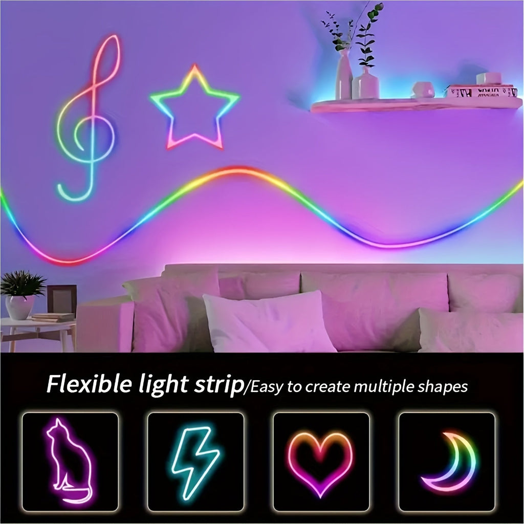 RGB LED Neon Rope Light IP65 Waterproof App & Remote Control Music Sync – Color-Changing Flexible Silicone Strip 3.2ft 9.8ft 16.4ft for Gaming Bedroom & Outdoor Decor