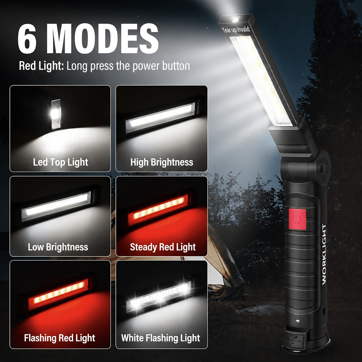 Rechargeable COB LED Work Light with Magnetic Base – 1000 Lumen Portable Camping Flashlight, 5 Modes, USB-C, Hanging Lamp for Garage Yard Emergency Outdoor Use, 2/3/4 Pack