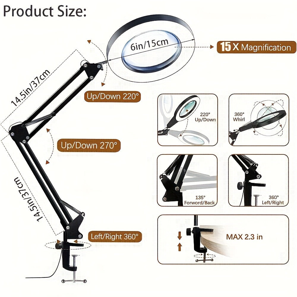 15X Magnification LED Magnifying Glass Lamp with Adjustable Arm & Clamp Base – Dimmable 3-Color Light, USB-Powered Desk Magnifier for Reading, Crafts, Manicure, Sewing & Precision Work (Black/White)