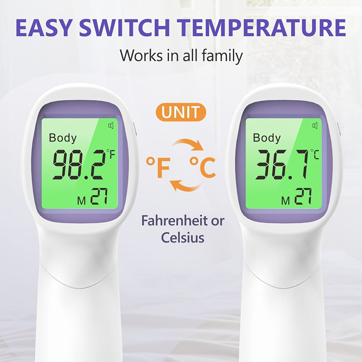 No-Touch Forehead Thermometer for Adults & Kids – Digital Infrared Thermometer with Fever Alarm, 3-Color Backlit Display, 28 Memory Recall, Fast & Accurate Results for All Ages
