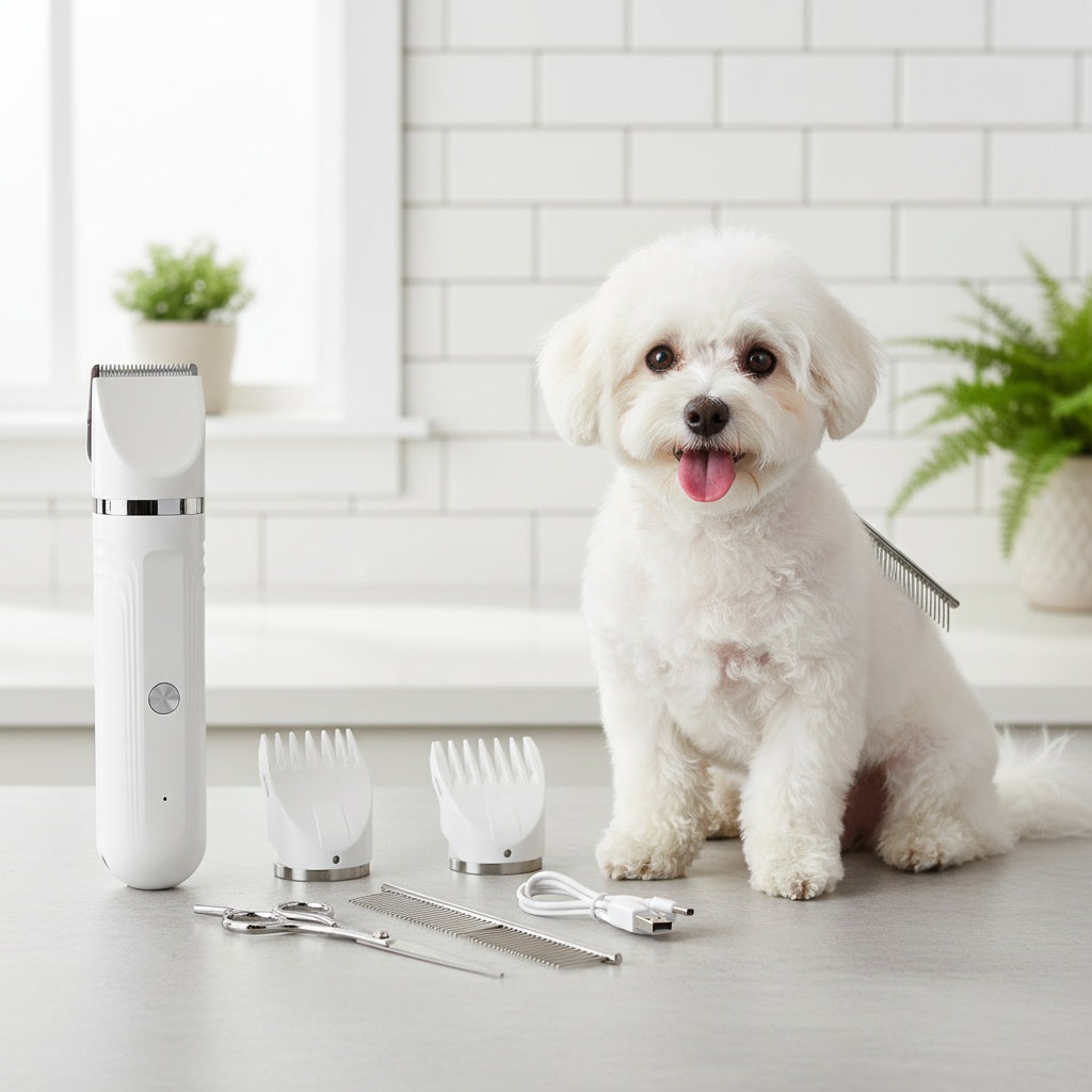 6-in-1 Rechargeable Pet Grooming Kit for Dogs Cats Cordless Hair Clipper Steel Scissors Comb Shaver Set for Thick Heavy Coats USB Charging 50-Min Runtime Blue White