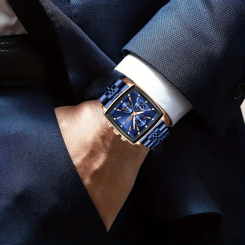 LIGE Men's Square Quartz Watch Stainless Steel Strap Calendar Display – Preppy Sport Fashion Wristwatch 8 Colors Rose Gold Black Blue, Birthday Graduation Gift for Men Teens