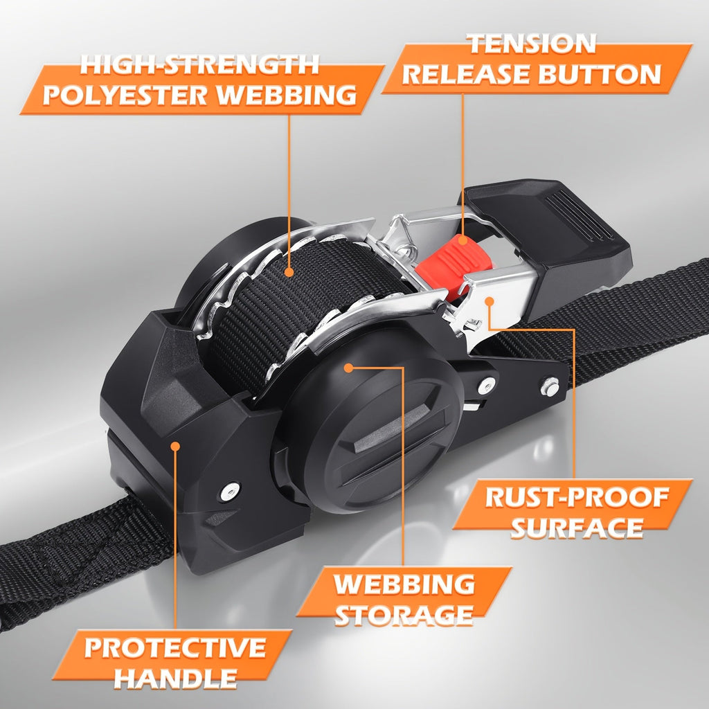 Retractable Ratchet Tie Down Straps 4-Pack Heavy Duty Self-Retracting – 2pcs 10 Ft Auto Cargo Straps for Truck, Trailer, Motorcycle, Moving & Appliances Securing