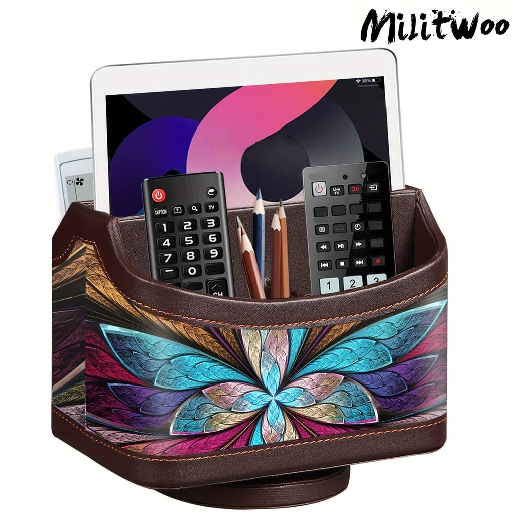 360 Swivel Remote Control Holder 5-Compartment PU Leather Desk Organizer for TV Remotes Phones Eyeglasses Pens Rotating Desktop Storage Caddy