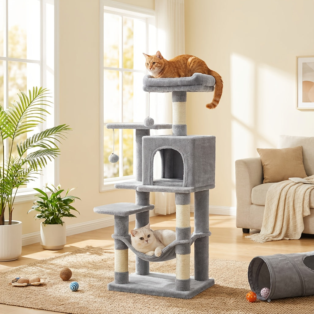 Cat Tree Tower 44 or 66 Inch Multi-Level Hammock Cozy Cave 4 Sisal Posts 2 Perches Anti-Tilt 10-Min Assembly Indoor Cats Kittens Multi-Cat Dark Gray Light Gray White Beige