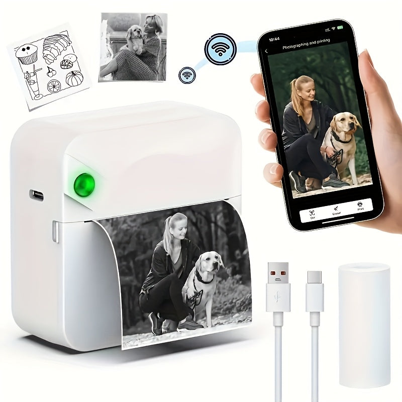 Portable Bluetooth Thermal Printer Mini Pocket Ink-Free Prints Photos Notes Stickers Diaries Labels Rechargeable Includes Thermal Paper Roll Blue Pink Black White