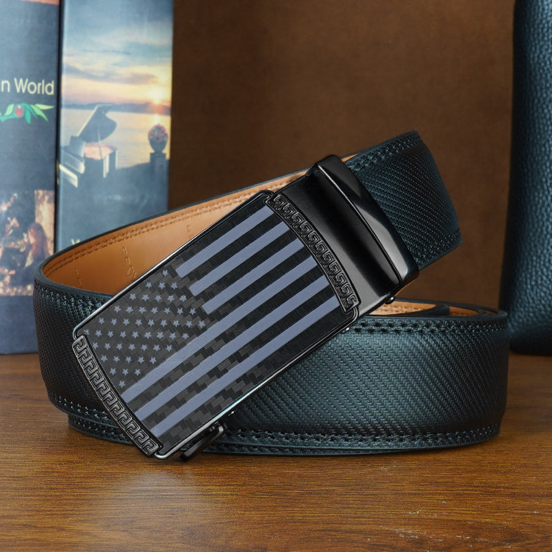 Set of 2 Men's Split Leather Ratchet Belts – American Flag Design with Automatic Slide Alloy Buckle, Adjustable Golf & Casual Dress Belts in Black & Brown, Sizes 110cm to 130cm (Waist 30"-44")