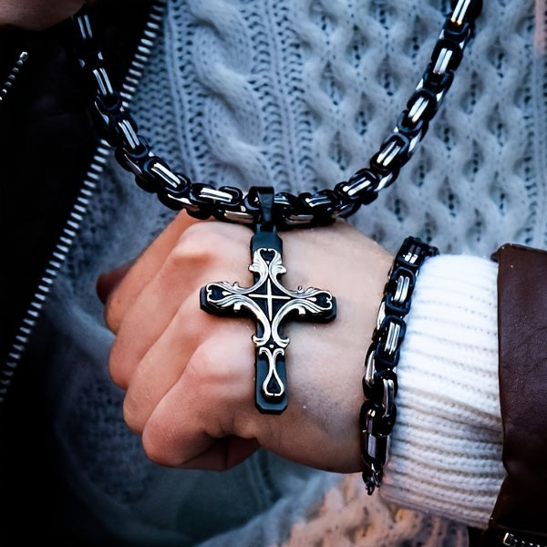 304 Stainless Steel Cuban Chain Necklace & Bracelet Set for Men – Religious Cross Pendant, Tarnish-Resistant Hip Hop Jewelry, Silver Tone, Daily Wear & Gift