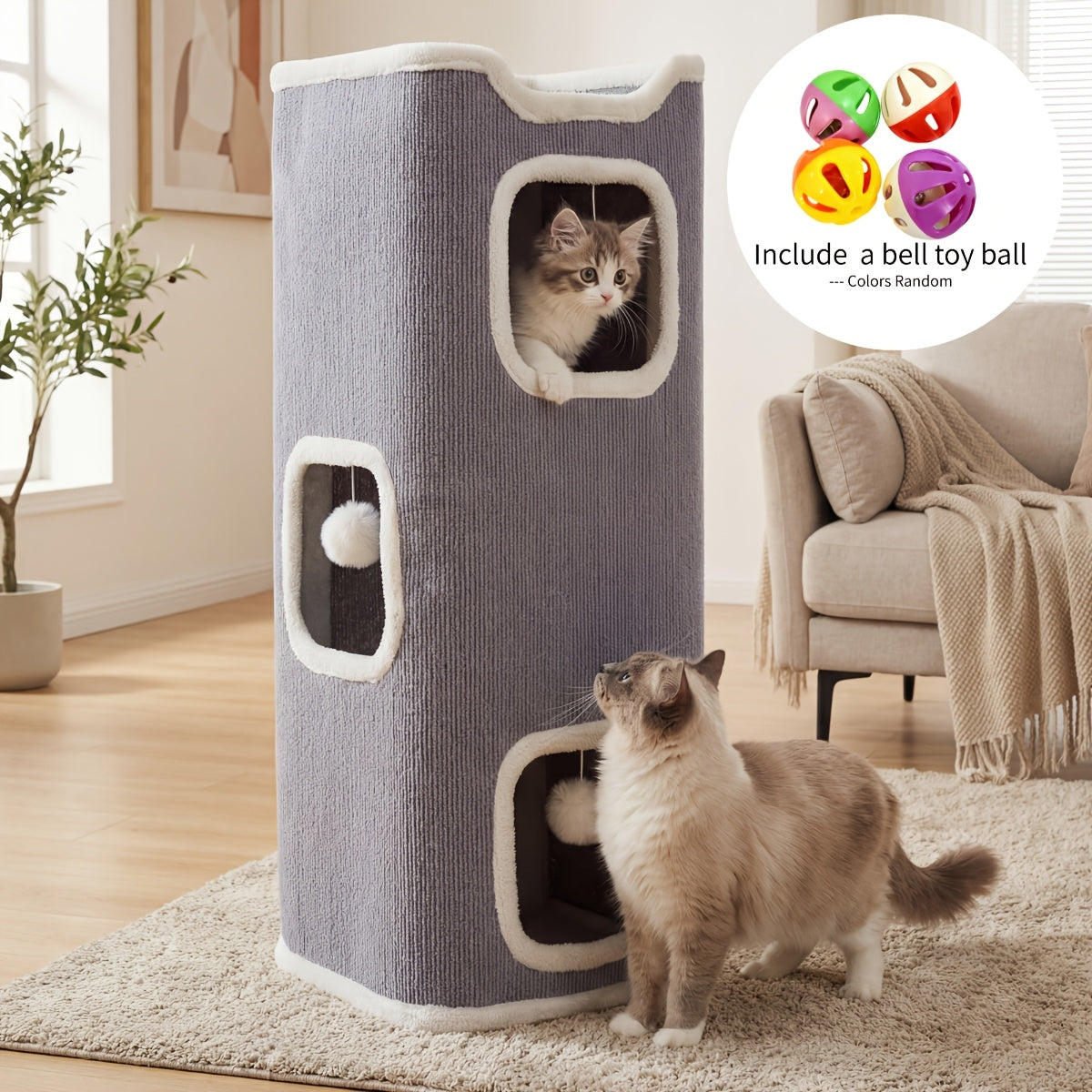 Multi-Level Foldable Cat Tree Tower for Indoor Cats Scratching Post Cozy Perch Cat Condo with Hanging Toy Ball & Hideaway – Soft Bed, 1/3/4 Tier Options, Light Gray Dark Blue Camel