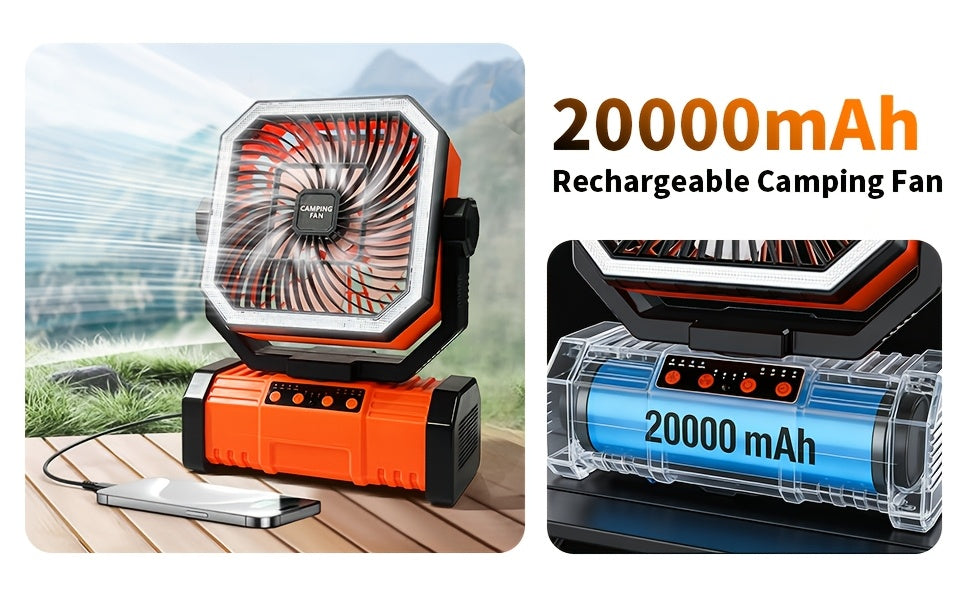 20000mAh Portable Camping Fan with Remote Control, LED Lights & 4 Speeds – Rechargeable Battery Operated Oscillating Tent Fan with 360° Rotation & Power Bank for Outdoor Camping, RV, Travel & Home Backup