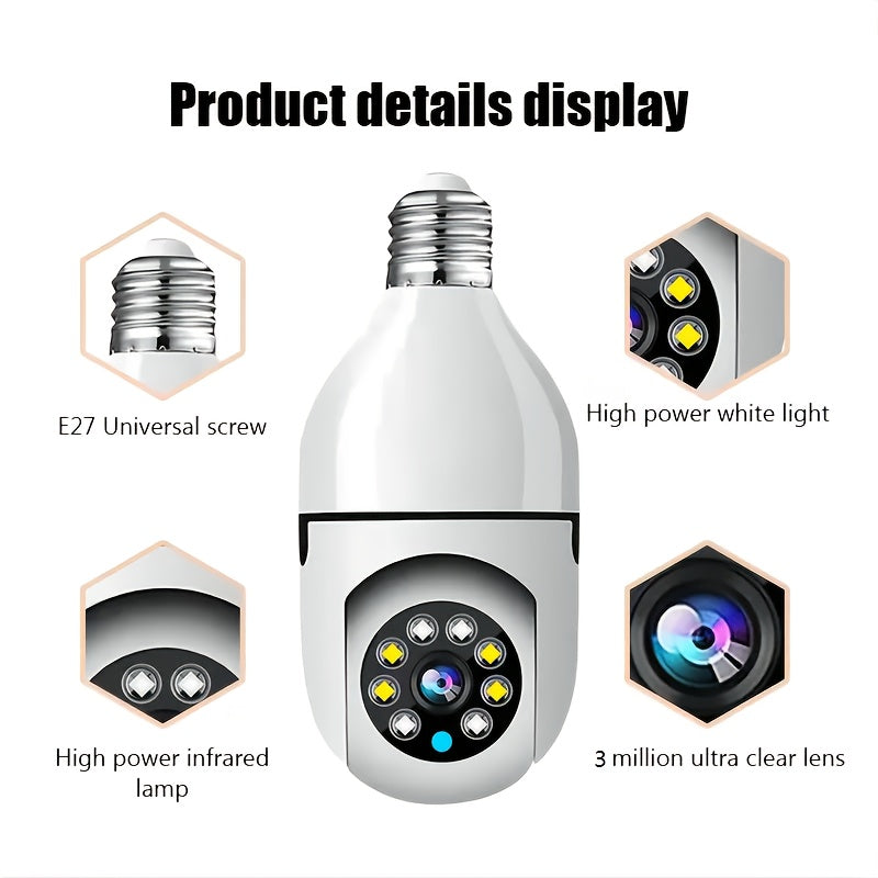 3MP Light Bulb Security Camera WiFi 2.4GHz – E26/E27 Socket 1080P Full Color Night Vision 360° Pan Tilt Two-Way Audio Motion Detection Cloud & TF Storage Indoor Home Security Camera 1 2 Pack