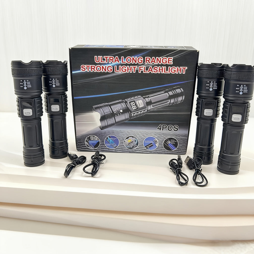 Rechargeable LED Flashlight 4-Pack - Super Bright Zoomable Spotlight, USB Charging, Long Range Tactical Work Light for Camping, Hiking, Emergency & Outdoor Survival, High-Power LED Torch Set