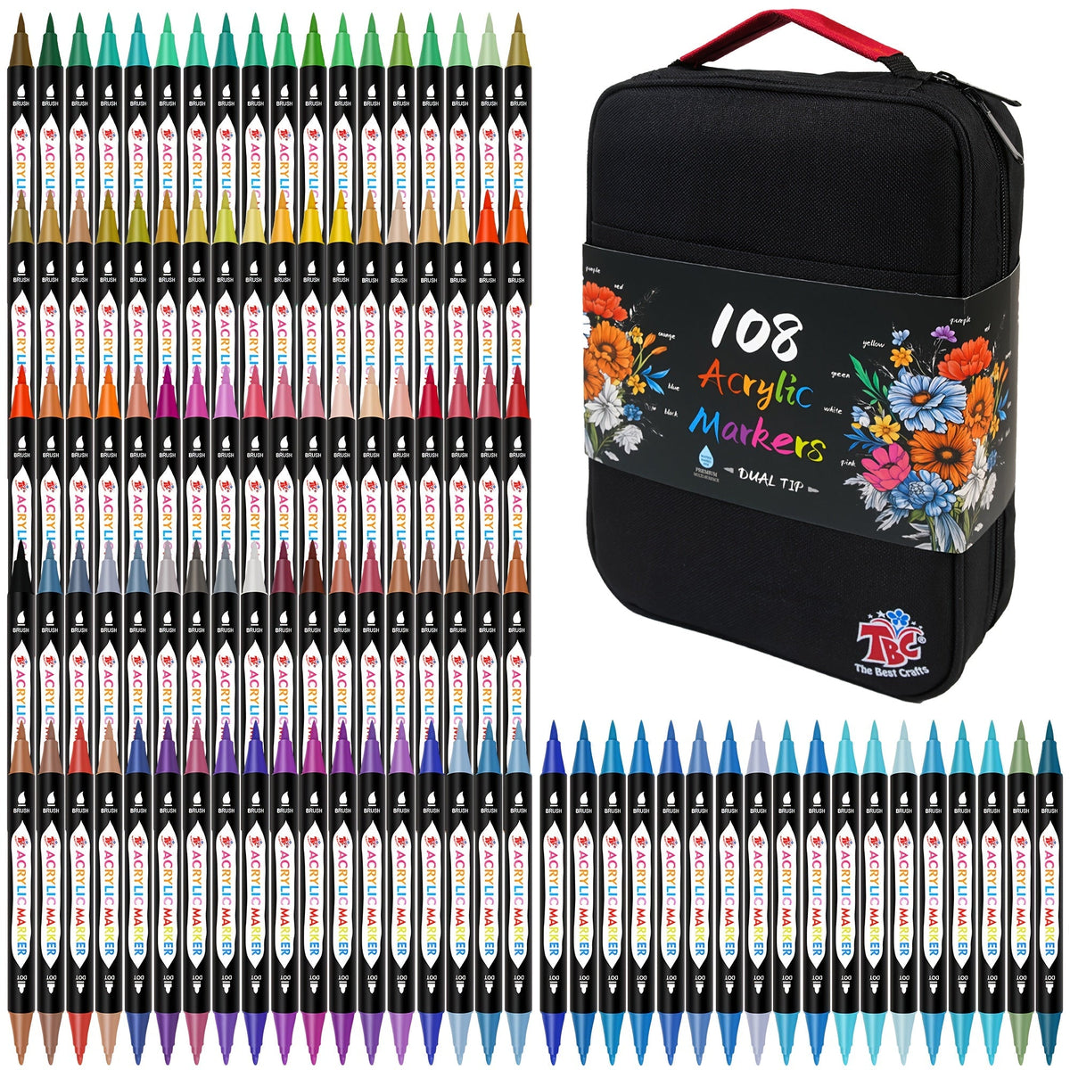 TBC Dual Tip Acrylic Paint Markers 48 72 108 Colors with Canvas Bag Non-Toxic Odorless Professional Acrylic Paint Pens for Canvas Paper Wood Glass Stone Pottery Fabric DIY Art