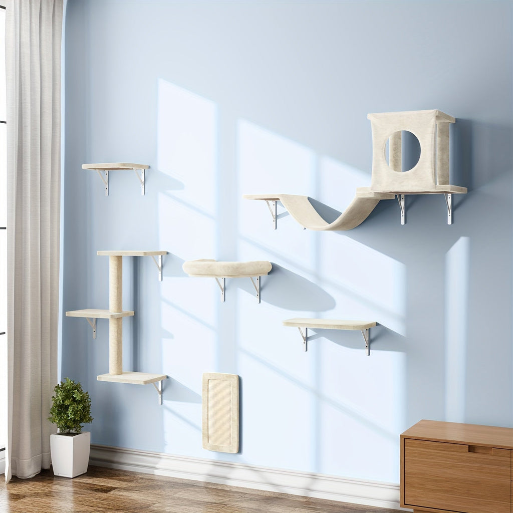 Wall Mounted Cat Climbing Shelf Set 7-Piece Deluxe Indoor Cat Furniture with Condo Scratching Post Bridge Ladder Tunnel – Space-Saving Cat Wall Playground for All Cat Sizes
