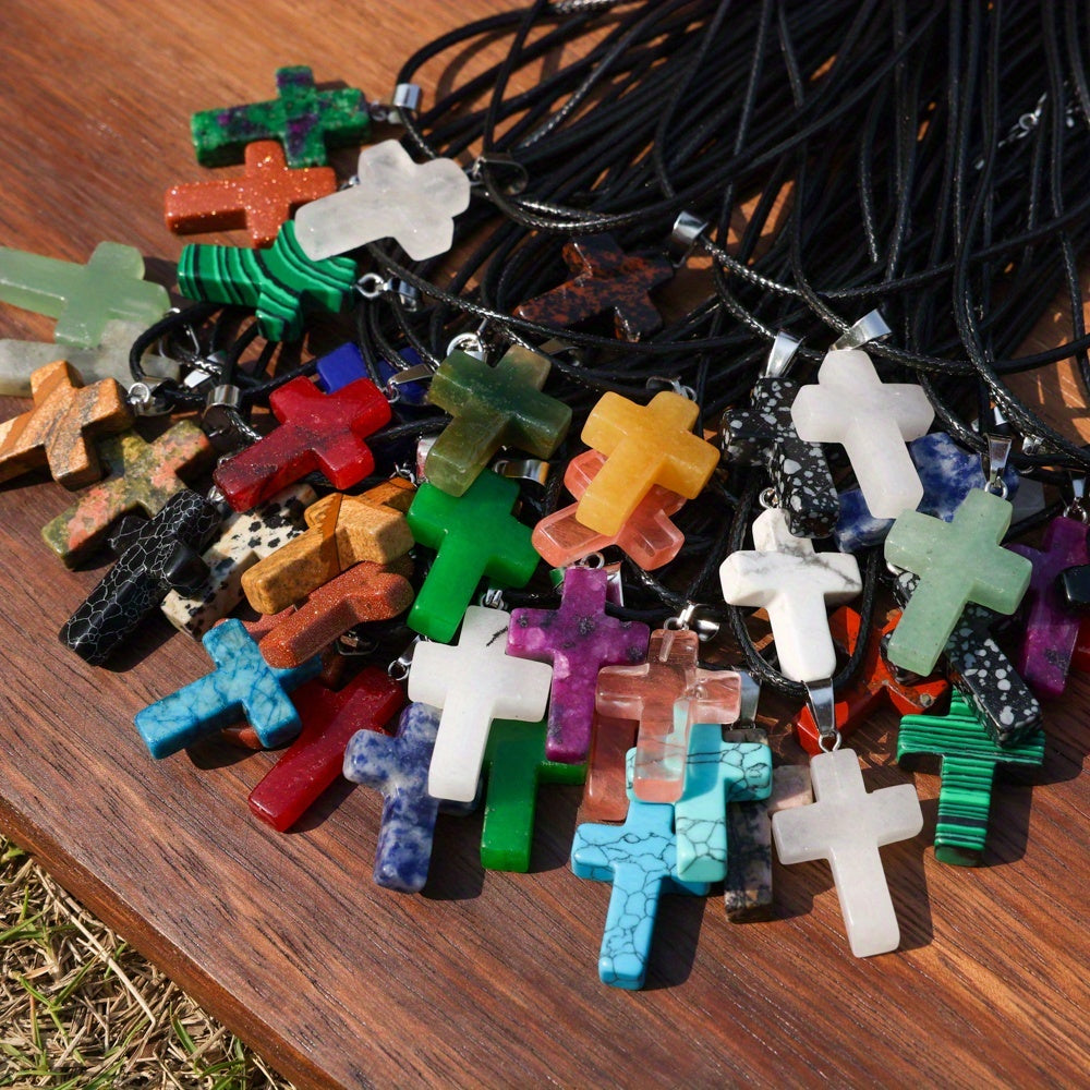 50pcs Natural Stone Cross Pendant and Necklace DIY Set – 25 Colorful Stone Cross Charms + 25 Black Chains for Jewelry Making Bracelets Earrings Craft Teen Gift