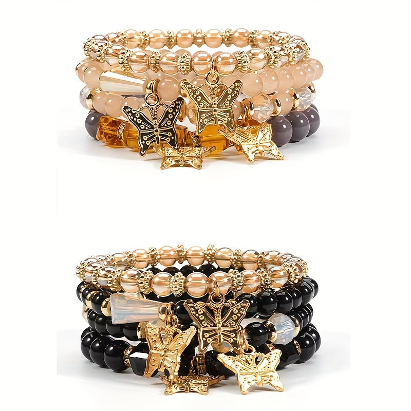 Butterfly Beaded Bracelet Set for Women Boho Stackable – 4 8 16pcs Sparkle Multi-Layered Elastic Charm Bracelets, Bohemian Wrist Jewelry Perfect Birthday Holiday Gift for Her