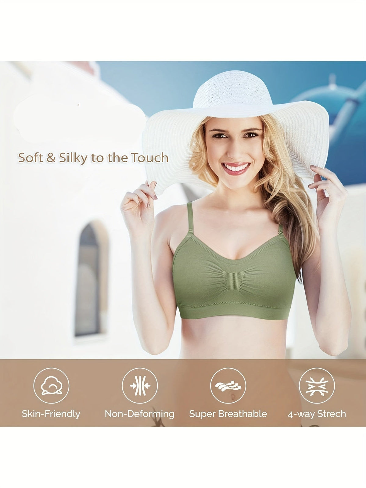 V-Neck Padded Bralette Cami Bra 4 Pack – Wireless Tank Top Sports Bra with Adjustable Straps for Women, Soft Padded Everyday Bralette Set, Sizes S-XL, Colors Rust, Beige, Green, Blue
