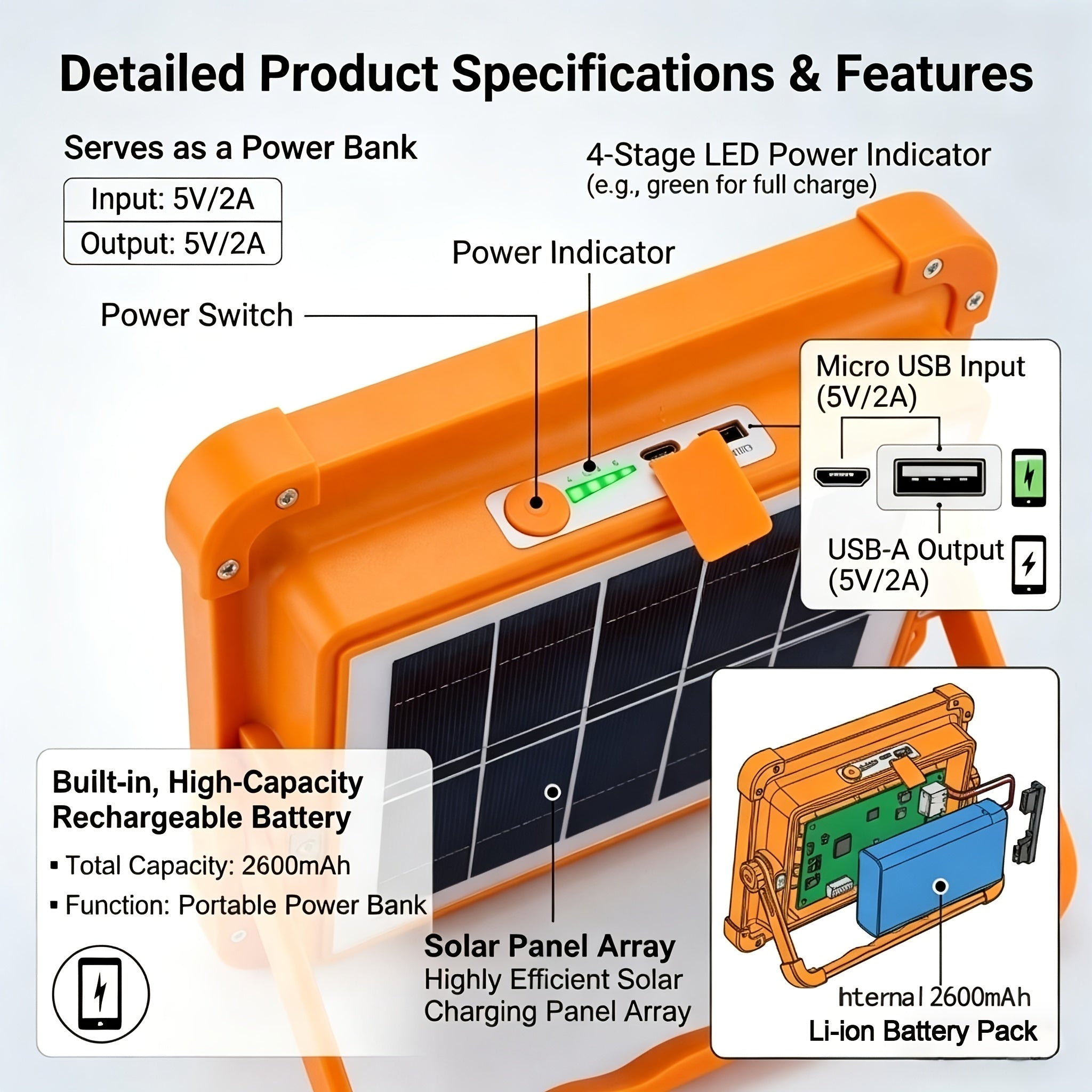 Solar LED Work Light 2000 Lumens with Magnetic Hook – Solar & USB Dual Charging, Adjustable Brightness Rechargeable Spotlight for Camping, Hiking & Outdoor Use – Available in 1, 2, 6 & 10 Pack