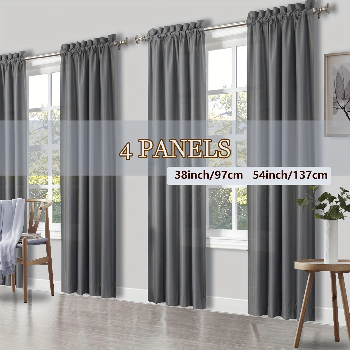 Rod Pocket Light Filtering Curtains 4 Panels – Solid Color Drapes for Living Room Bedroom Office, Easy Install, 10 Colors & 8 Sizes, Yarn-Dyed Fade Resistant Fabric, Home Window Treatment Set
