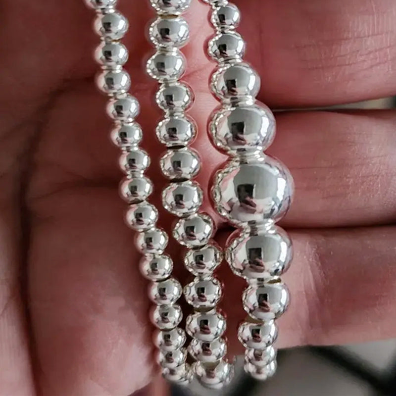 S925 Sterling Silver Beaded Bracelet Set for Women 3pcs – Handcrafted Stackable Round Bead Minimalist Bracelets 15.68g Hypoallergenic Daily Wear Valentine's Day Birthday Anniversary Gift