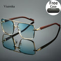 Square Fashion Glasses with Wood Grain Temples for Men Women – Double Beam Retro Design Gradient Lens Sunglasses Unisex for Driving Travel Street Photography Gift with Case