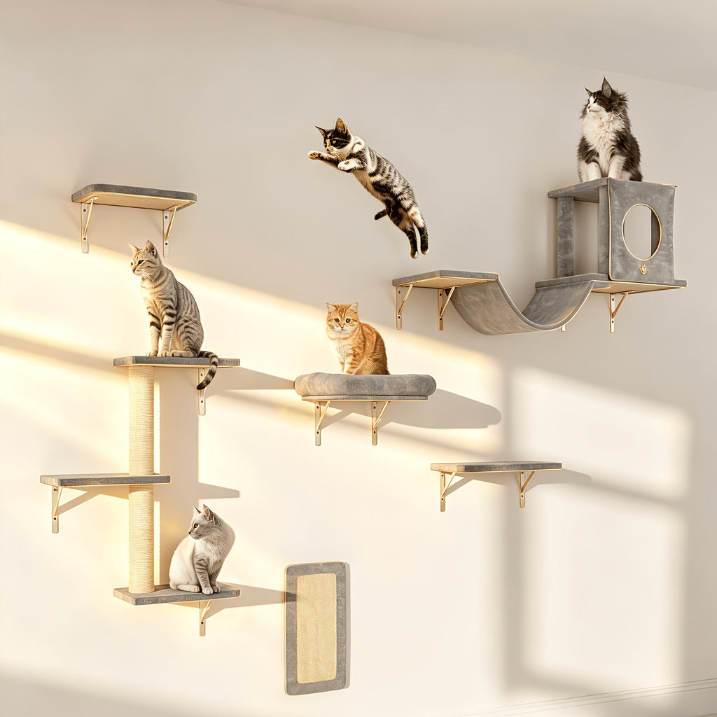 Wall Mounted Cat Climbing Shelf Set 7-Piece Deluxe Indoor Cat Furniture with Condo Scratching Post Bridge Ladder Tunnel – Space-Saving Cat Wall Playground for All Cat Sizes