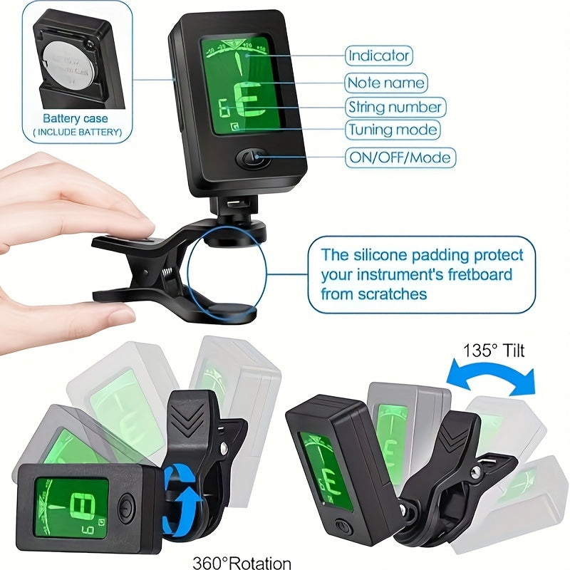 Guitar Clip-On Tuner & Capo Set with Picks 9pcs – Chromatic Multi-Mode Tuner for Acoustic, Electric, Bass, Violin & Ukulele, Spring-Loaded Capo, Rosewood Picks Included