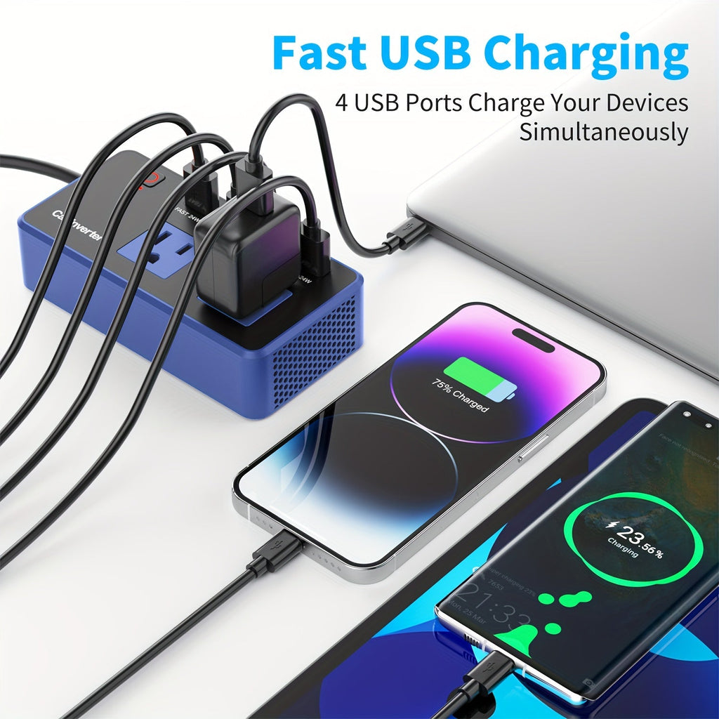 200W Car Power Inverter DC 12V to 110V AC with PD 24W USB-C & QC 24W Quick Charge Dual Fast Charging Vehicle Adapter for Laptop Car Office Work Camping Road Trip