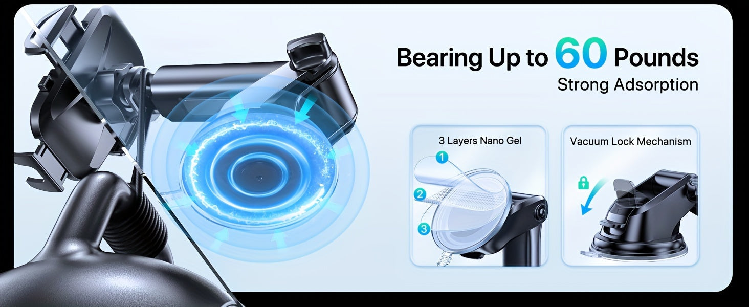 3-in-1 Car Phone Holder Suction Cup & Air Vent Mount | 360° Rotation, 6.5"-8.5" Telescopic Arm, 60LB Nano-Gel Suction, Scratch-Proof – Universal Fit for iPhone, Samsung, Google & All 4"-7.2" Phones