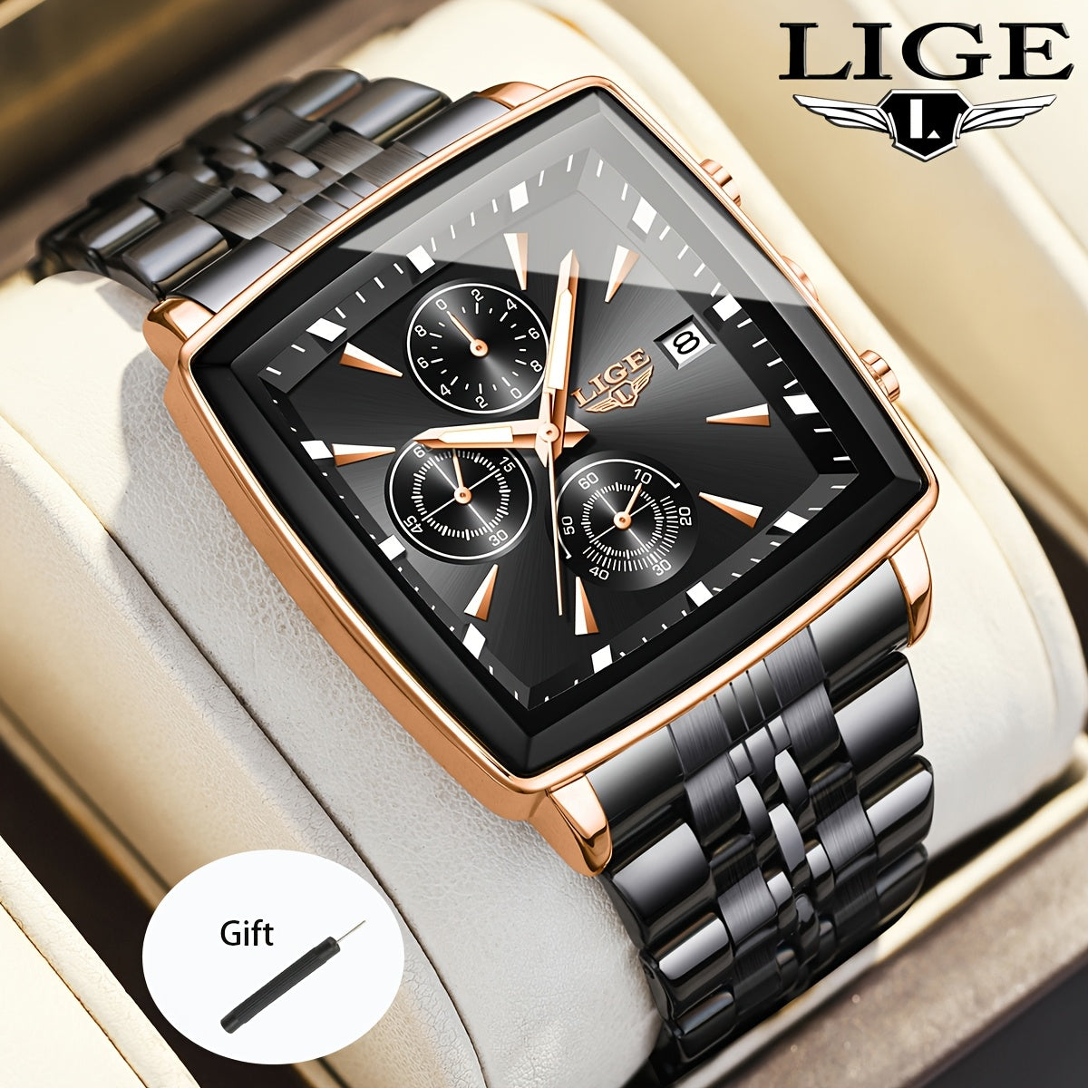 LIGE Men's Square Quartz Watch Stainless Steel Strap Calendar Display – Preppy Sport Fashion Wristwatch 8 Colors Rose Gold Black Blue, Birthday Graduation Gift for Men Teens